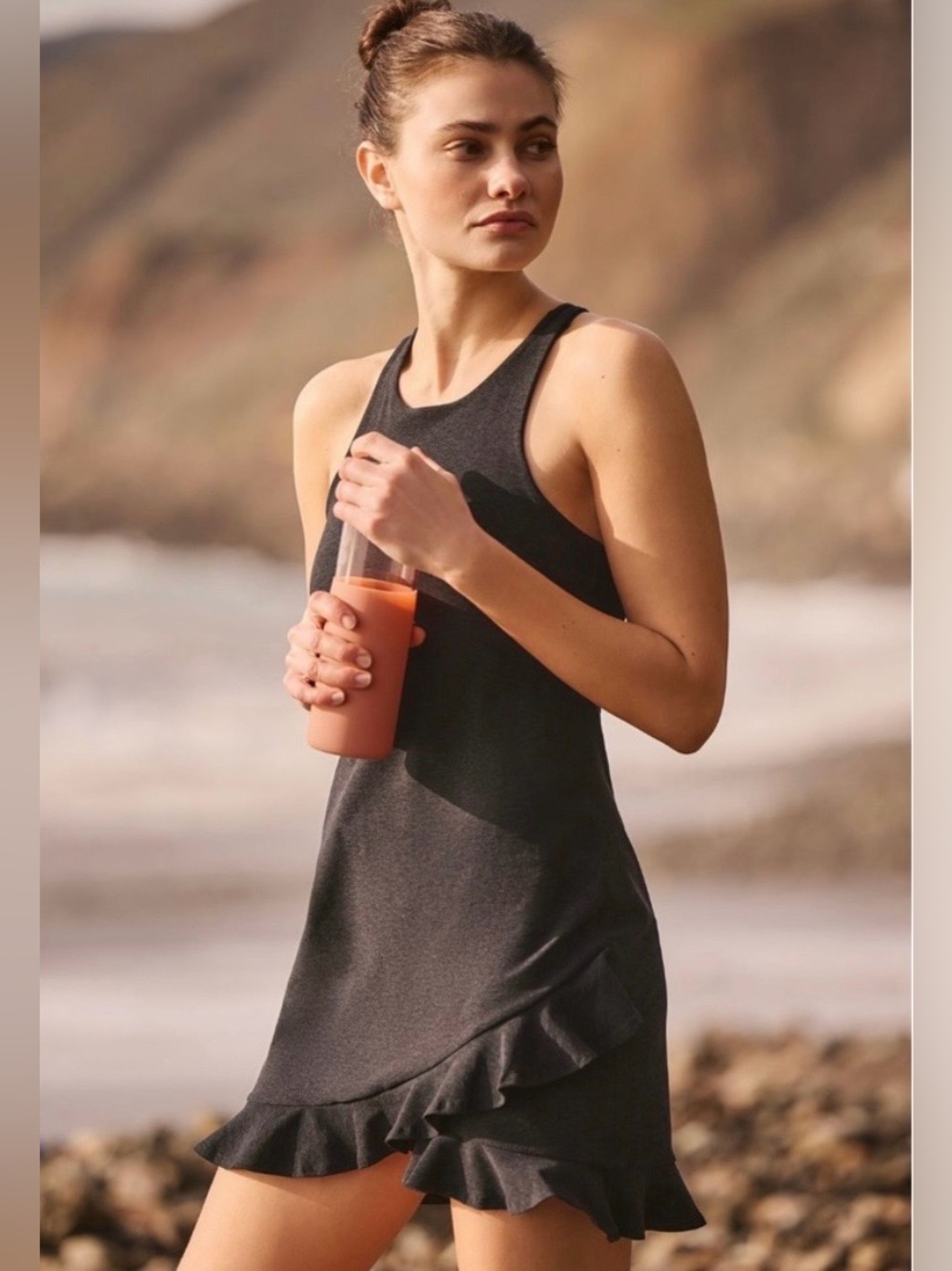 Beyond Yoga space dye ruffle dress. Black heather color. Size medium. EUC